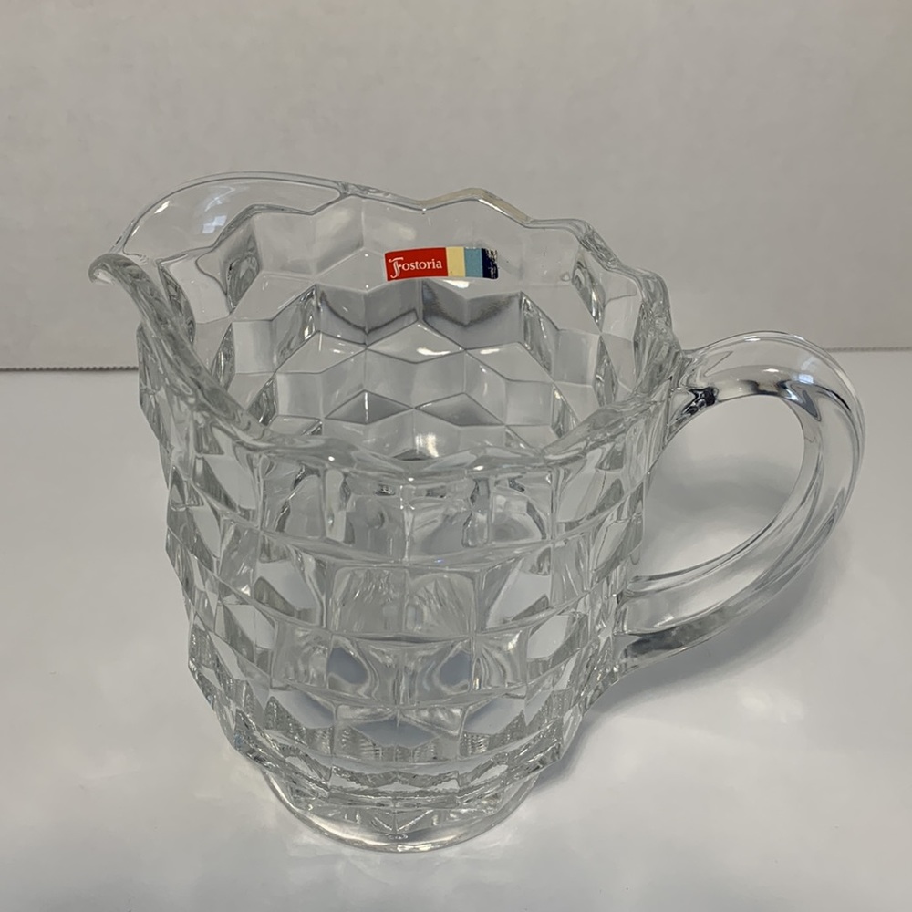 Fostoria Glass Pint Cereal Pitcher Cubist 3D Pattern Clear Approx 5 3/8” X4 1/2”
